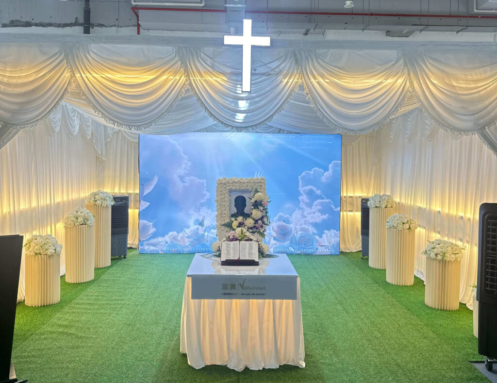 closeup white coffin floral tributes singapore