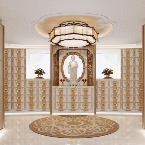 serene columbarium with white and wooden designs