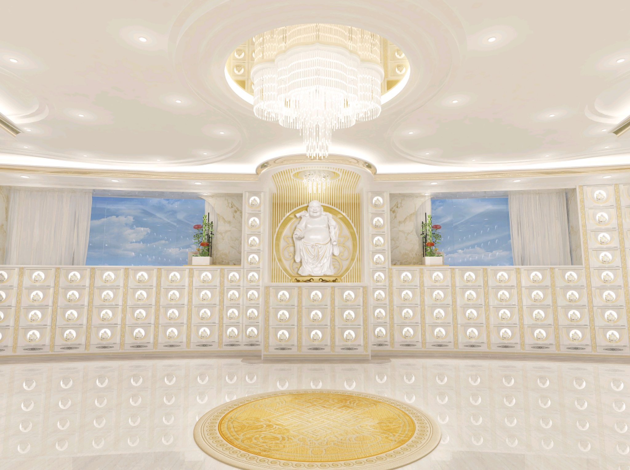 bright, modern columbarium hall featuring a central Laughing Buddha statue under a crystal chandelier, flanked by rows of white and gold niches